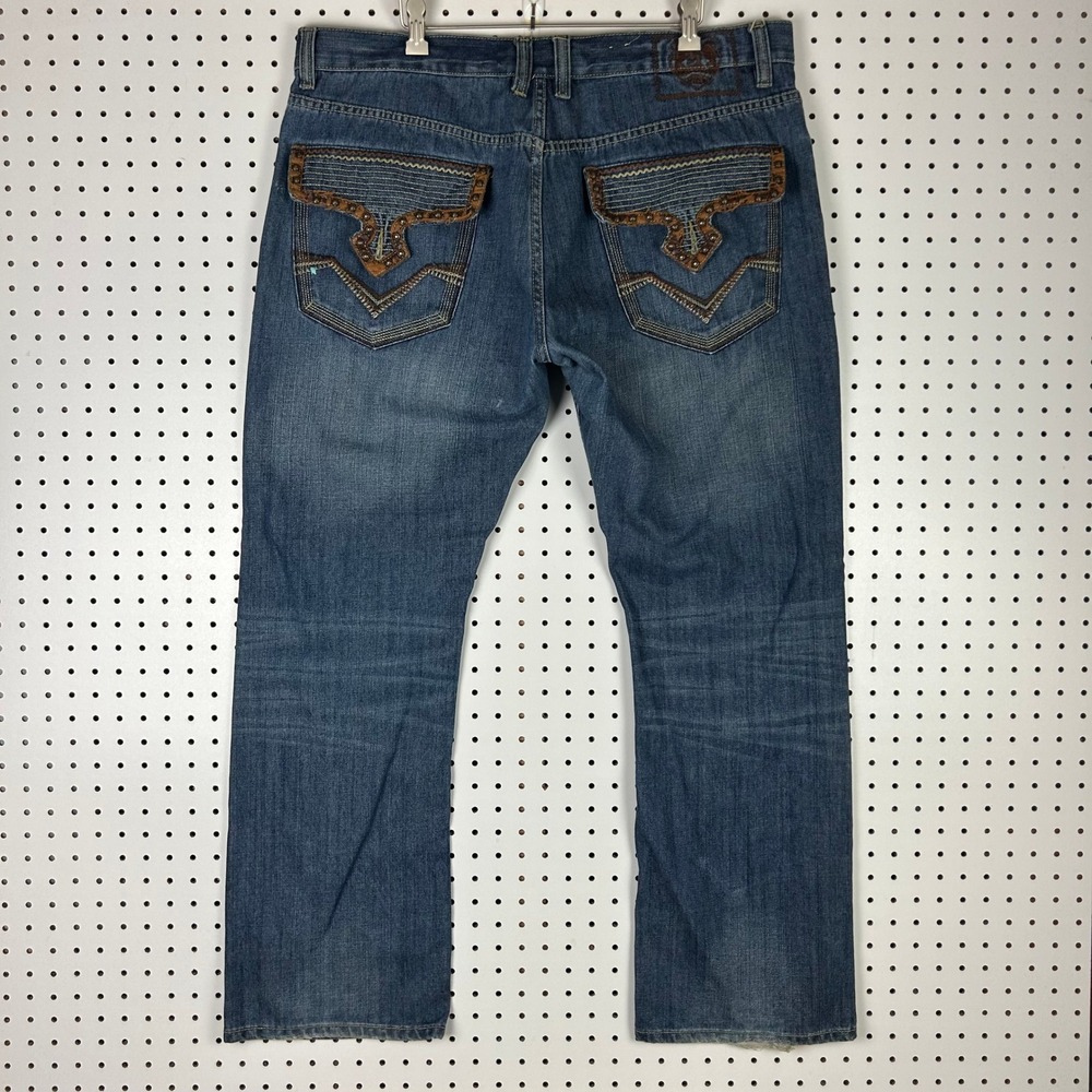 Request Jeans Mens 40x32 Blue Denim Straight Leg Embroidered Flap Pocket Skater